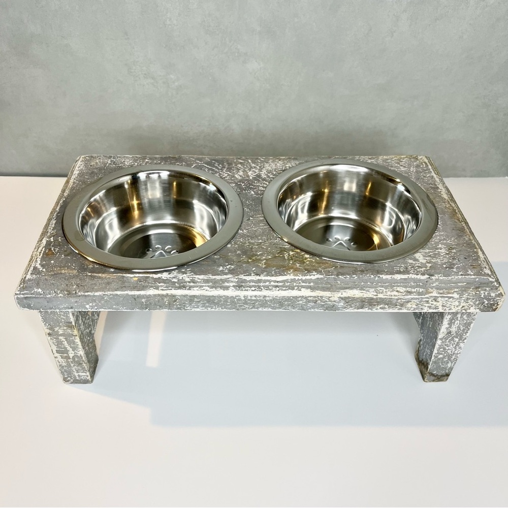 Raised Elevated Double Dog / Cat Bowls Rustic Wood Farmhouse Feeder Grey White